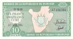 Burundi BRD-P-33b.4, 10 Fcos., 1-Octubre-1991, UNC