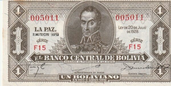 Bolivia BOL-P-128c(1), 1 Bolivano, L-1928, 1952, XF