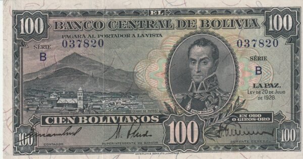 Bolivia BOL-P-133(2), 100 Bolivianos, 20-7-1928,Simón Bolívar, XF+