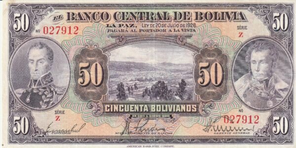 Bolivia BOL-P-124a(2), 50 Bolivianos, 1928, Look Scand, XF+