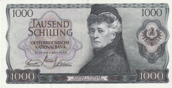 Austria AUT-P-147a, 1.000 Schilling, Nº.- D820203E, Bertha v. Suttner, 1-7-1966, XF++