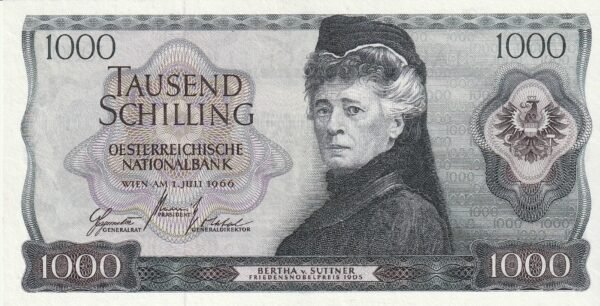 Austria AUT-P-147a, 1.000 Schilling, Nº.- E193546I, Bertha v. Suttner, 1-7-1966, XF+++