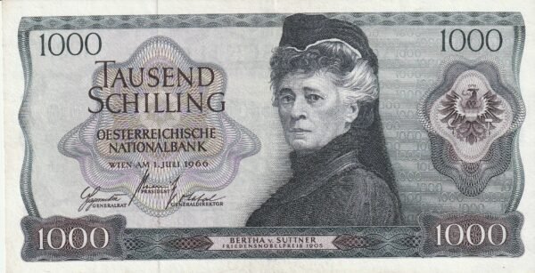 Austria AUT-P-147a, 1.000 Schilling, Nº.- A014029L, Bertha v. Suttner, 1-7-1966, XF