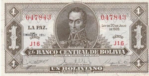 Bolivia BOL-P-128c(2), 1 Bolivano, L-1928, 1952, UNC