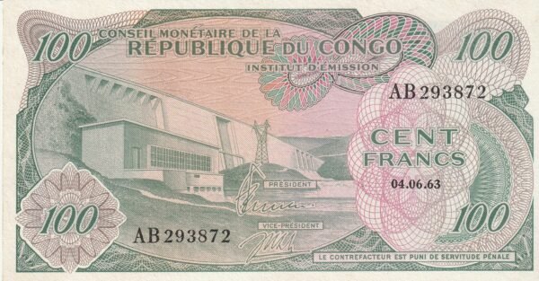 Congo Republica CNG-P-1, 100 Fcos., 1953, Nº.- AB293872, XF+++