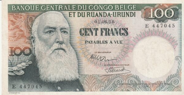 Congo Belga BCN-P-33a, 100 Fcos., Nº.- E447045, 1-Junio-1955, XF+