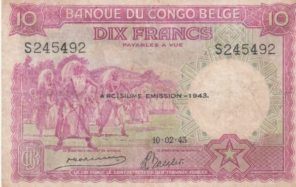 Congo Belga BCN-P-14C, 10 Fcos., 10-Febrero-1943, Nº.- S245492, XF++