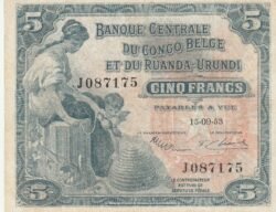Congo Belga BCN-P-21.2, 5 Fcos., 15-Sep-1953, Nº.- J087175, VF+