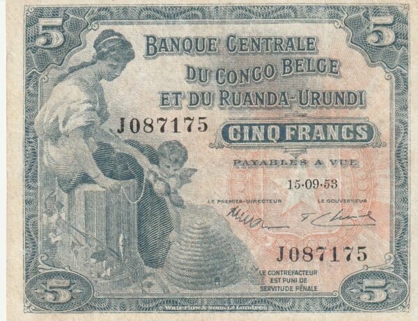 Congo Belga BCN-P-21.2, 5 Fcos., 15-Sep-1953, Nº.- J087175, VF+
