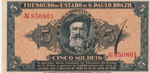 Brasil BRA-P-S861b, 5.000 Reis, 14-Julio-1932, Nº.- 850801, Domingos Jorge Vellos, XF+