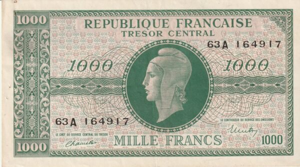 Francia FRC-P-107(1), 1.000 Fcos. Nº 63A164917, ND-1944, XF+/PH