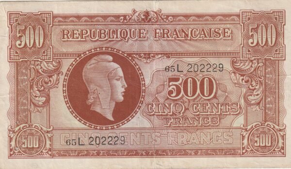 Francia FRC-P-106(2), 500 Fcos. Nº 65L202229, ND-1944, VF++/PH Varios
