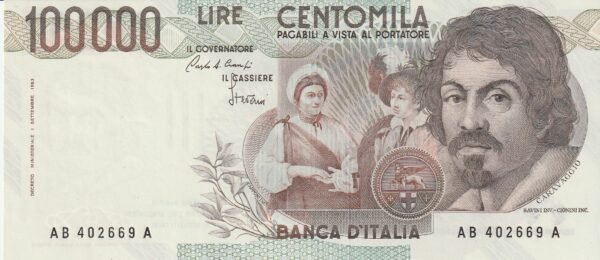 Italia ITA-P-110a, 100.000 Lire, Nº.-AB402669A, Caravaggio, 1-Sept-1993, UNC