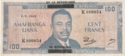 Burundi BRD-P-17a, 100 Fcos., 1-Mayo-1965, "Banque de la Republique", Look Scand, VF+
