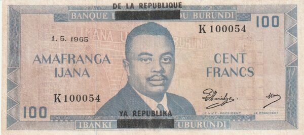 Burundi BRD-P-17a, 100 Fcos., 1-Mayo-1965, "Banque de la Republique", Look Scand, VF+