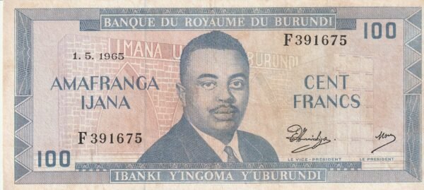 Burundi BRD-P-12a.3, 100 Fcos., 1-Mayo-1965, "Banque du Royaume du Burundi", Nº F391675, VF++
