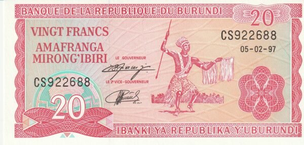 Burundi BRD-P-27d.1, 20 Fcos., 5-Febrero-1997, UNC