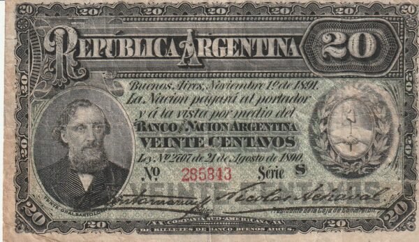 Argentina ARG-P-211b, 20 Ctvos., Nº 285843, 1-11-1891, VF