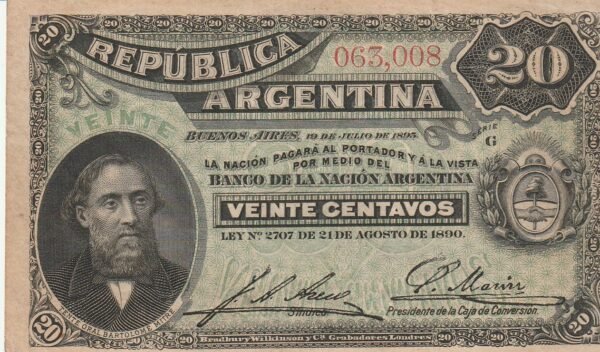 Argentina ARG-P-229a, 20 Ctvos., Nº.- 063008, 21-8-1890, XF+