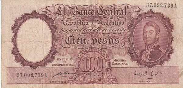 Argentina ARG-P-267b(3), 100 Pesos, Ley 28-3-1935, Sig. Bossio & Gómez Morales, VF