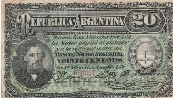 Argentina ARG-P-211b(4), 20 Ctvos., Nº.- 580207, 21.8.1890, Look Scand, VF