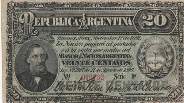 Argentina ARG-P-211a, 20 Ctvos, Nº.-042762, 21-8-1890, Look Scand, XF