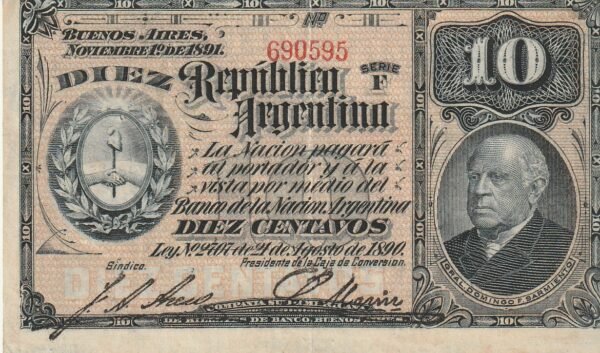 Argentina ARG-P-210(5), 10 Ctvos. Nº.-690595, 21-8-1890, XF