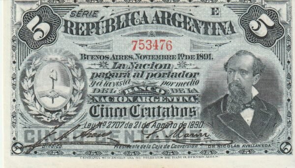 Argentina ARG-P-209(4), 5 Ctvos., Nº.- 753476, 31-8-1890, UNC/Steins