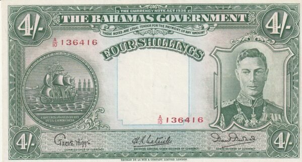 Bahamas BAH-P-9e, 4 Schillings, Nº.-1/10-136416, L-1936, Look Scand, XF