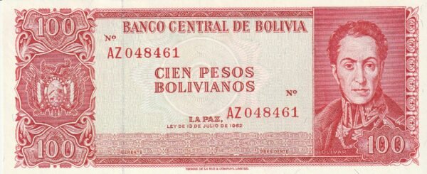 Bolivia BOL-P-163, 100 Pesos Bolivianos, SIN FIRMAS, L-13-7-62, UNC