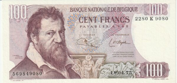 Belgica BEL-P-134b(3), 100 Fcos., 18-Abril-1975, Nº.- 569849080, Look Scand, UNC