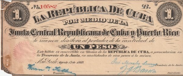 Cuba CUB-P-61, 1 Peso, Nº.- 10582, 17-Agosto-1869, VF-
