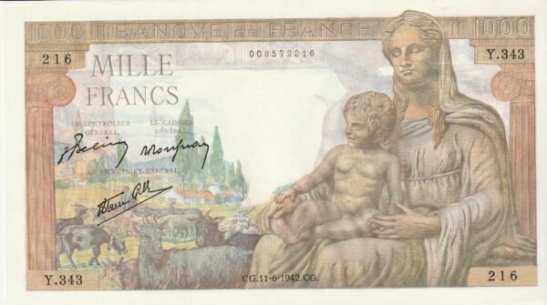 Francia FRA-P-102, 1.000 Fcos., Nº.-8572216, CG.11-6-1942.CG, UNC