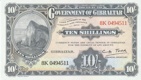 Gibraltar GBT-P-17, 10 Shillings, 1934, Spec., UNC