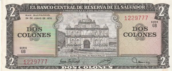 El Salvador ELS-P-124a, 2 Colones, 24-6-76(77), Nº 1229777, Look Scand, XF