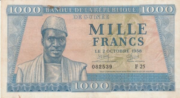 Guinea GUI-P-9, 1.000 Fcos., Nº.- 082539, 2-10-1958, VF+