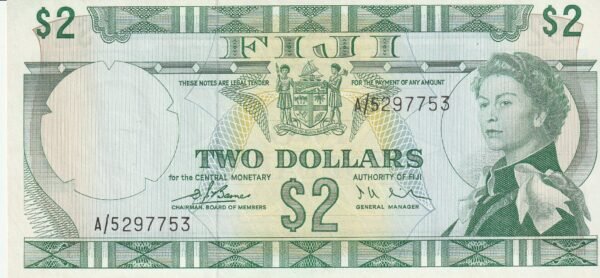 Fiji FIJ-P-72a, 2 $, ND-1974, Nº.- A/5297753, Look Scand, UNC
