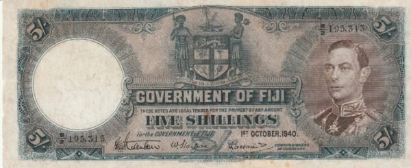 Fiji FIJ-P-37c, 5 Schillings, 1-10-1940, Nº.-B/2-195313, Look Scand, VF+