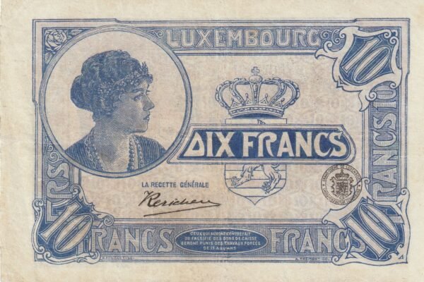 Luxenburgo LUX-P-34, 10 Fcos., Nº 027280, ND-1923, UNC