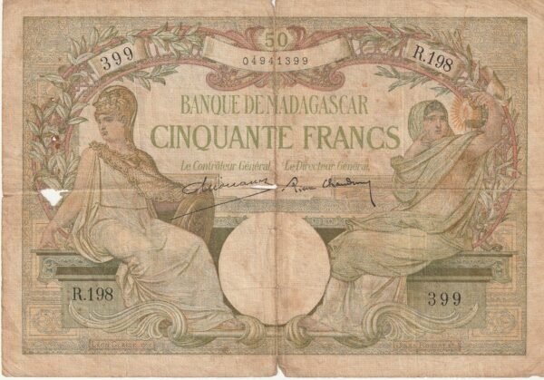 Madagascar MDG-P-38(2), 100 Fcos., Nº.- 04941399, ND-1937/47, Fine