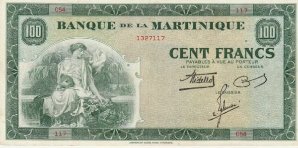 Martinica MTN-P-19a, 100 Fcos., Nº.- 1327117, ND-1942, XF++