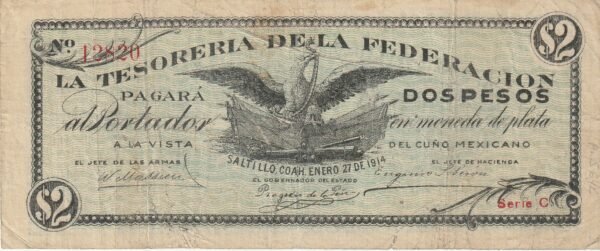 México MEX-P-S646, 2 Pesos, 27-1-1914, VF