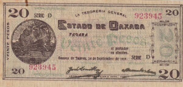 México MEX-P-Estado de Oaxaca, 20 Pesos, Billete en Tela, Nº.- 923945, 24-9-1915, XF+