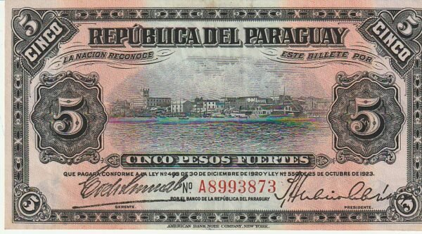 Paraguay PAR-P-163a(2), 5 Pesos Fuertes, Nº.- A8993873, Ley 1923, XF