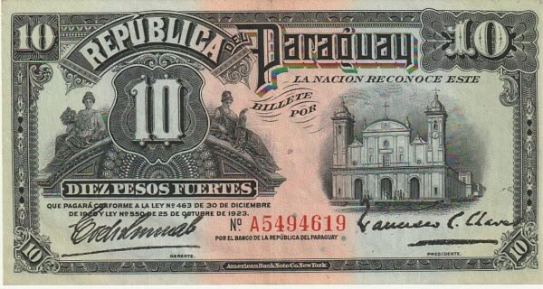 Paraguay PAR-P-164a(2), 10 Pesos Fuertes, Nº.- A5494619, Ley 1923, XF