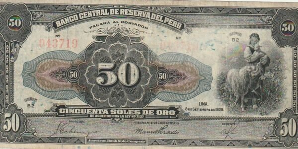 Perú PER-P-68a(2), 50 Soles de Oro, Nº.- 043719, 8-9-1939, VF+