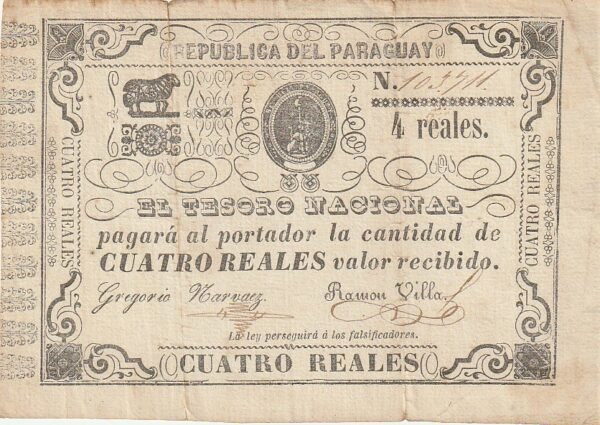 Paraguay PAR-P-20, 4 Reales, ND-1865, Uniface, F+