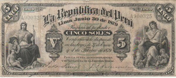 Perú PER-P-4, 5 Soles,, Nº.-A900325, 30-6-1879, XF-