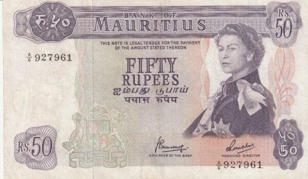 Mauricios MUR-P-33c, 50 Rupees, ND-1967, Nº.-A/6-927961, Look Scand, VF+