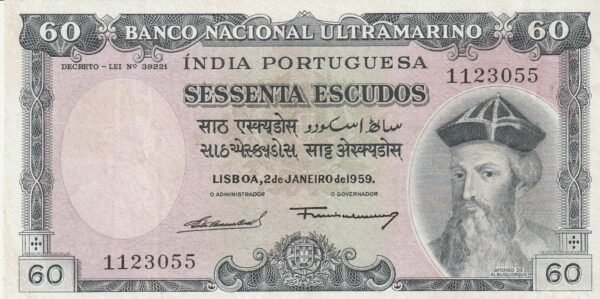 Portugal India PID-P-42, 60 Escudos, Nº.- 1123055, 2-1-1959, XF-
